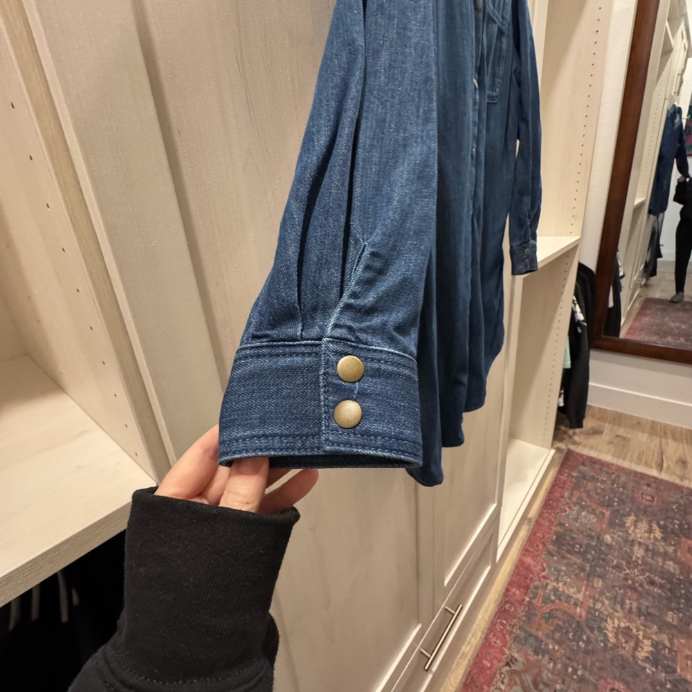 Sezane Denim Shirt Dress in Deep Blue with Brown Boots - Picture 9 of 11